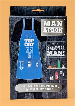 Introducing the ultimate apron for man! Whether he&rsquo;s a home-cooking hero or more of a BBQ king, turn dad into the ultimate multi-tasker with this brilliant novelty apron. A fun &amp; quirky gift for Father&rsquo;s Day, this blue apron holds all his culinary essentials in labelled pouches, including salt and pepper, utensils, sauce, a phone and of course, there has to be space for a beer aka man fuel! Encourage dad into the kitchen and turn him into a &lsquo;Top Chef&rsquo; overnight. <br /><br />Items not included. Dimensions: 69cm wide, 84cm high, 22.5cm neck